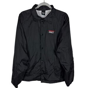 Only NY Coach Jacket Men M Black Full Zip Nylon American Flag Button-Front Lined